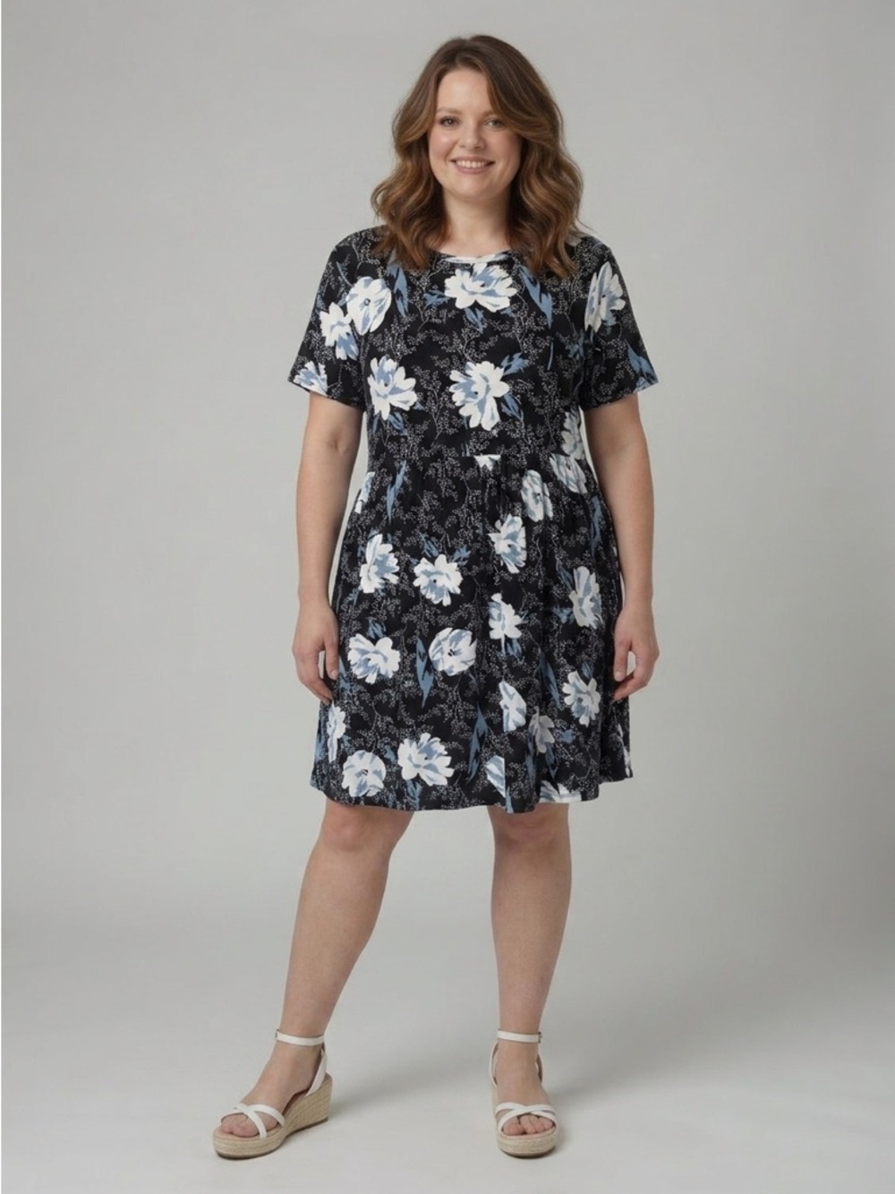 Black Floral Dress with Light Blue and White Blooms